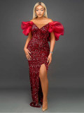Sexy Chic Sequin Puff Sleeve Off Shoulder Evening Dress