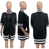 Half Sleeve Stripes Details Patchwork Plus Size Overcoat