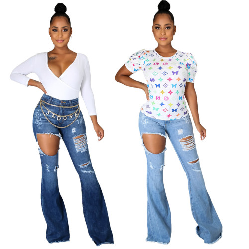 Stylish Ripped High Waist Flare Jeans