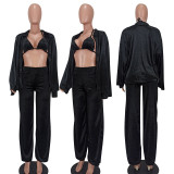 Women Sexy Velvet 3PCS Set Solid Long Sleeve Shirt+ Bra Top + Pants