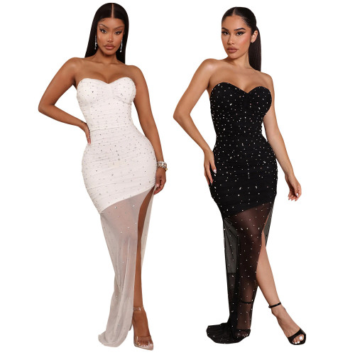 Womens Sexy Ruched Strapless Mesh Rhinestone Party Slit Dress