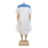 Denim Patchwork Short Sleeve Zipped Plus Size Loose Dress