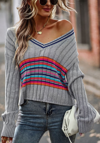 Stripes V-Neck Long Sleeve Casual Pullover Sweater