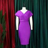 African Women's V-Neck Chic Office Midi Dress with Belt