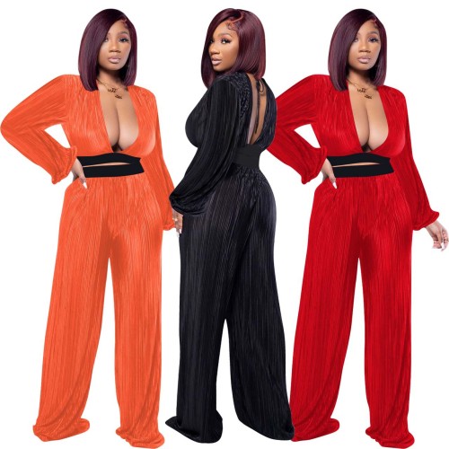 Women's Sexy Deep-V Pleated Two-Piece Set Long-Sleeve Crop Top+Pants