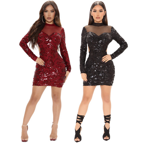 Sexy Mesh Open Back Cut Out Sequin Bodycon Dress