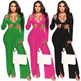 Solid Tie Front Sexy Crop Top and Slit Flare Pants Two-Piece Set