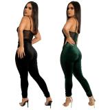 Sexy Mesh Splicing Velvet Cami Tight Jumpsuit with Belt