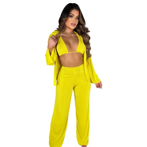 Women Sexy Velvet 3PCS Set Solid Long Sleeve Shirt+ Bra Top + Pants