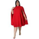 Plus Size Womens Cape Sleeve Solid Pleated Loose Dress
