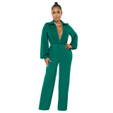 Sexy Solid V-Neck Puff Sleeve Wide Leg Formal Jumpsuit