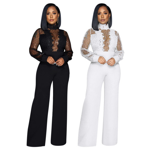 Sequin Lace See-Through High Neck Long Sleeve Wide Leg Jumpsuit