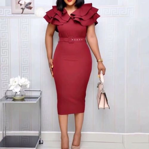 African Ruffles Neck Short Sleeve Bodycon Dress with Belt