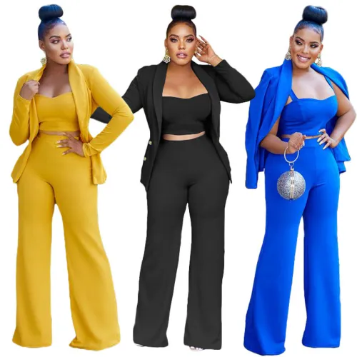 Solid Blazer +Strap Crop Top + Wide Leg Pants Three-Pieces