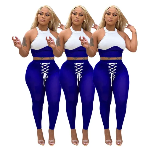 Sexy Two Tone Ribbed Cropped Tank Top Lace-Up Pants Two Piece Set