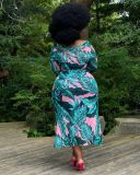 Plus Size Tropical Print Long Sleeve Drawstring Midi Dress