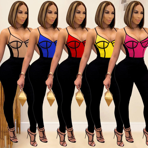 Womens Sexy Tight Fitting Contrast Cami Jumpsuit