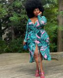 Plus Size Tropical Print Long Sleeve Drawstring Midi Dress