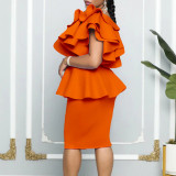 Women's Ruffled Slash Shoulder Formal Peplum Dress