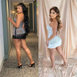 Sexy Cami Rhinestone Mesh Insert Bodycon Nightclub Dress