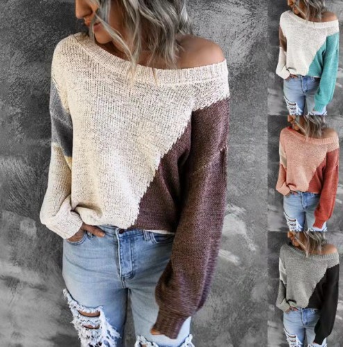 Women Autumn and Winter Irregular Colorblock Off Shoulder Sweater