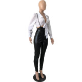 Womens Two Piece Set White Crop Top + Black PU Leather Zip Suspender Pants