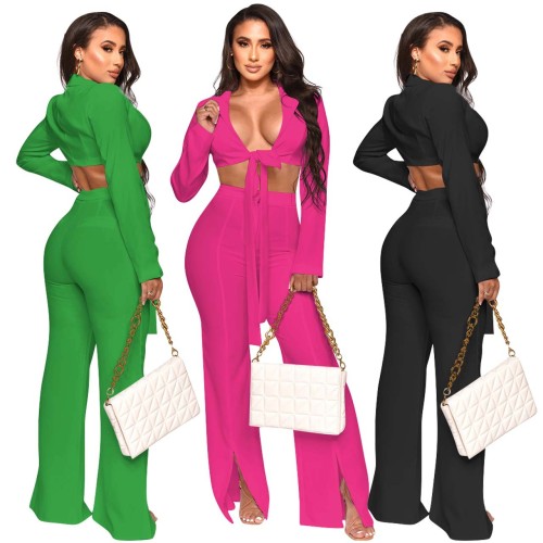 Solid Tie Front Sexy Crop Top and Slit Flare Pants Two-Piece Set