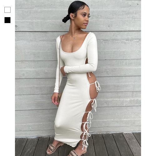 Solid Lace Up Long Sleeve U-Neck Sexy Maxi Dress