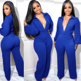Sexy Solid V-Neck Puff Sleeve Wide Leg Formal Jumpsuit