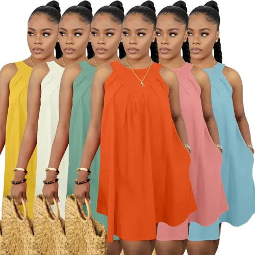 Solid Sleeveless Loose Short Dress with Pockets