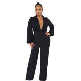 Sexy Solid V-Neck Puff Sleeve Wide Leg Formal Jumpsuit