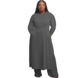 Plus Size Solid Long Sleeve Slit Dress Top +Pants Casual Two Pieces