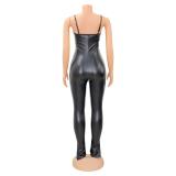Sexy Black PU Leather Tight Ruched Cami Jumpsuit