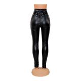 Sexy Black PU Leather Tight Ruched Trousers