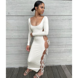 Solid Lace Up Long Sleeve U-Neck Sexy Maxi Dress