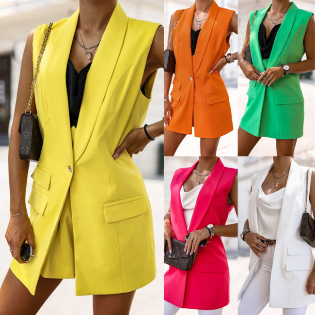 Fashion Turndown Collar Sleeveless Slim Long Vest Blazer