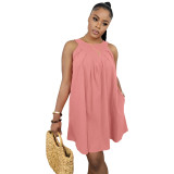 Solid Sleeveless Loose Short Dress with Pockets