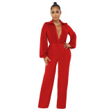 Sexy Solid V-Neck Puff Sleeve Wide Leg Formal Jumpsuit