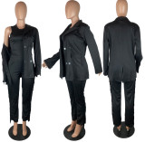 Women's Black Tassel Three Piece Set Tank Top+ Blazer+ Pants
