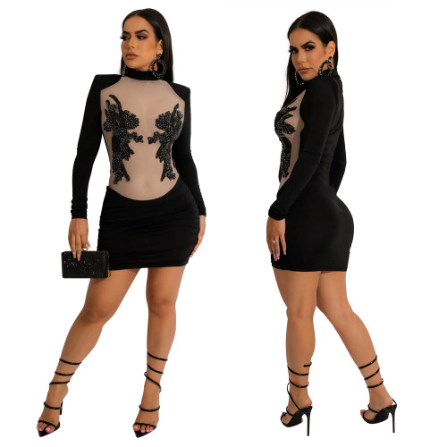 Sexy See-Through Embroidered Mesh Patchwork Long Sleeve Party Bodycon Dress