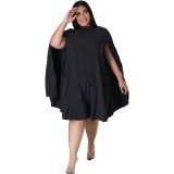 Plus Size Womens Cape Sleeve Solid Pleated Loose Dress