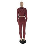 Solid Drawstring Cropped Hoodie and Pants Tracksuit