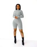 Women's Solid Ribbed Zipper Long Sleeve Rompers