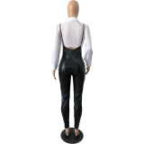 Womens Two Piece Set White Crop Top + Black PU Leather Zip Suspender Pants