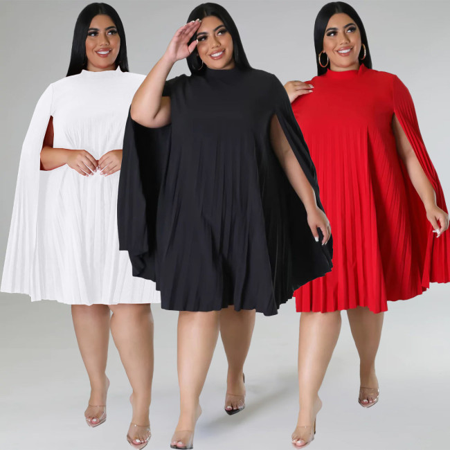 Plus Size Womens Cape Sleeve Solid Pleated Loose Dress