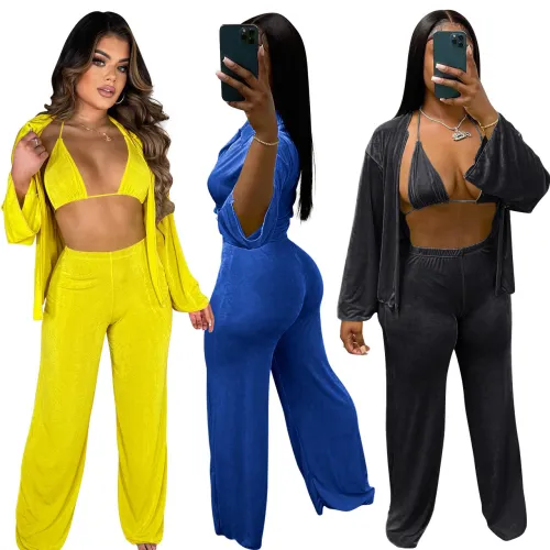 Women Sexy Velvet 3PCS Set Solid Long Sleeve Shirt+ Bra Top + Pants
