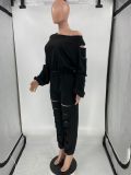 Casual Cutout Two Piece Set Solid Long Sleeve Slash Shoulder Top + Pants