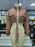 Womens Brown Stand Collar Long Sleeve Short Jacket