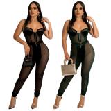 Sexy Mesh Splicing Velvet Cami Tight Jumpsuit with Belt