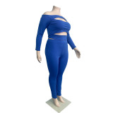 Solid Sexy Cutout Off Shoulder Plus Size Women's Two Piece Pants Set